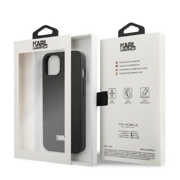 Karl Lagerfeld KLHCP13MSFMP2K iPhone 13/ 14 / 15 6,1″ kietas dėklas juodas Saffiano Plaque