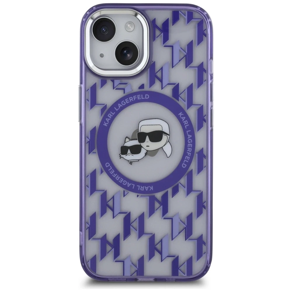 Dėklas Karl Lagerfeld KLHMP15SHMCKMHU Apple iPhone 15 6.1″violetinės spalvos IML Monogram Karl&Choupette Head MagSa