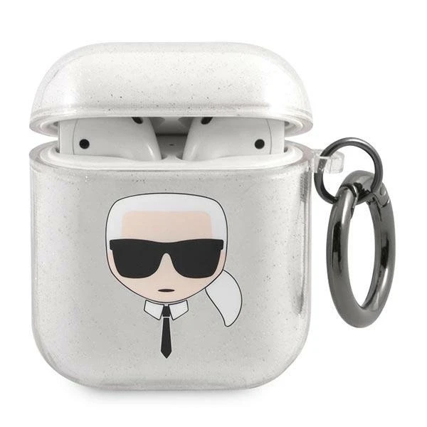 Karl Lagerfeld KLA2UKHGS AirPods dėklas sidabro spalvos Glitter Karl`s Head