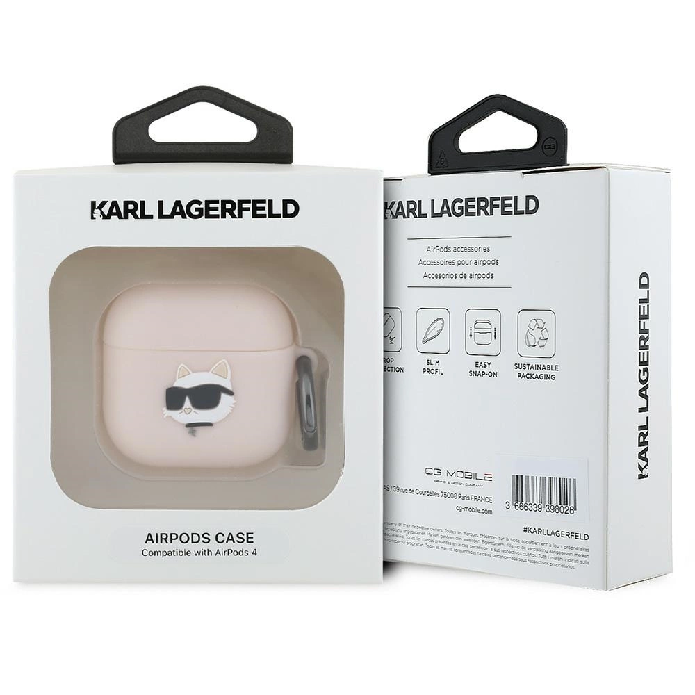 Dėklas Karl Lagerfeld KLA4RUNCHP AirPods 4 cover rožinės spalvos silikoninis Choupette Head 3D