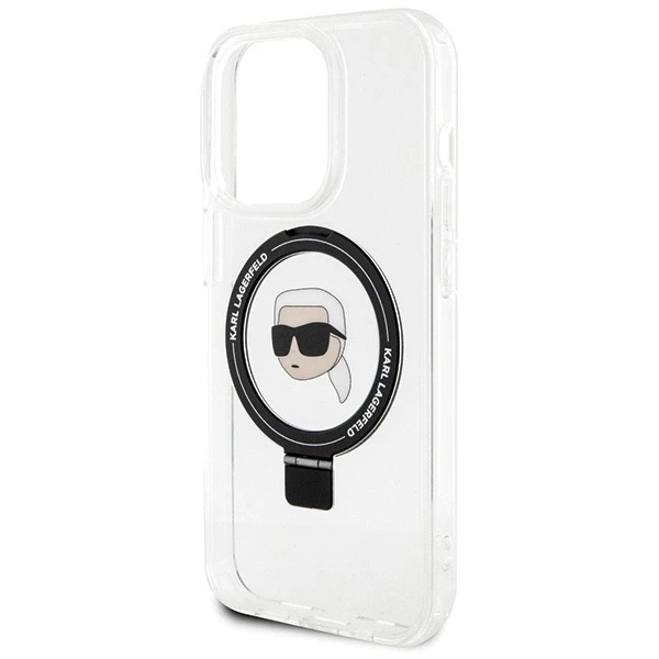 Karl Lagerfeld KLHMP15LHMRSKHH Apple iPhone 15 Pro 6.1″ baltos spalvos kietas dėklas Ring Stand Karl Head MagSafe