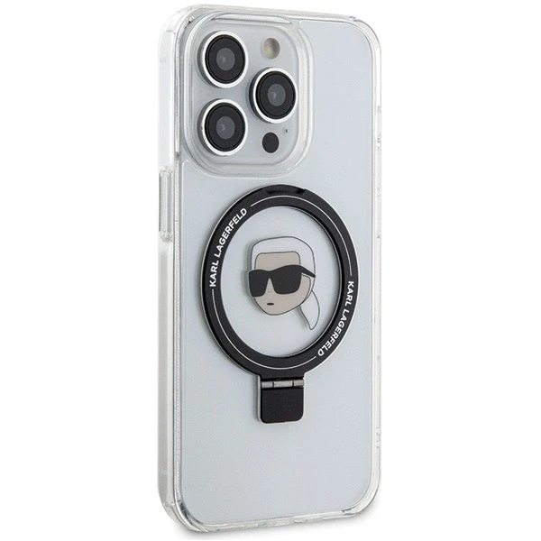 Karl Lagerfeld KLHMP15LHMRSKHH Apple iPhone 15 Pro 6.1″ baltos spalvos kietas dėklas Ring Stand Karl Head MagSafe