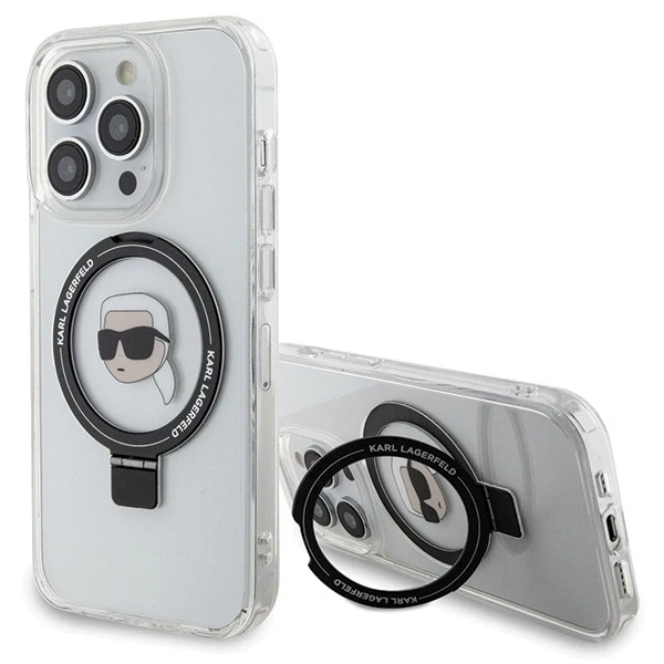 Karl Lagerfeld KLHMP15LHMRSKHH Apple iPhone 15 Pro 6.1″ baltos spalvos kietas dėklas Ring Stand Karl Head MagSafe