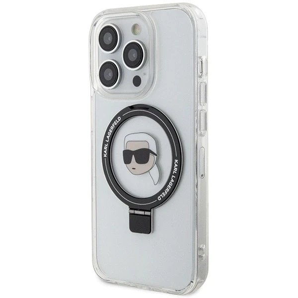 Karl Lagerfeld KLHMP15LHMRSKHH Apple iPhone 15 Pro 6.1″ baltos spalvos kietas dėklas Ring Stand Karl Head MagSafe