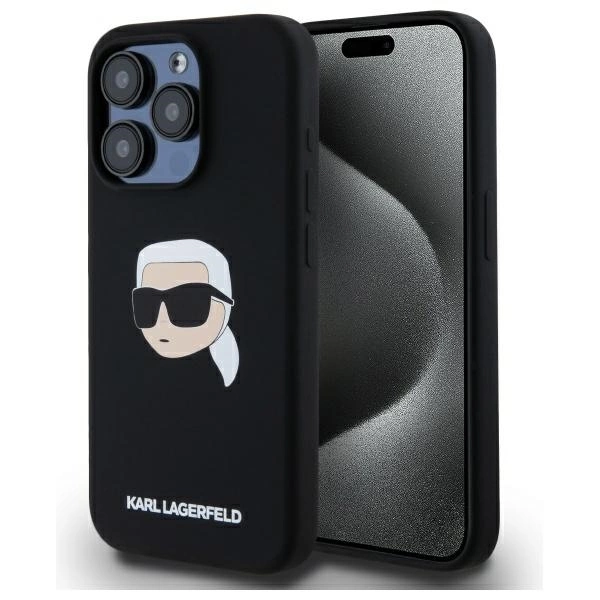 Karl Lagerfeld KLHMP15XSKHPPLK Apple iPhone 15 Pro Max 6.7" dėklas telefonui juodos spalvos silikoninis Karl Head Print MagSafe