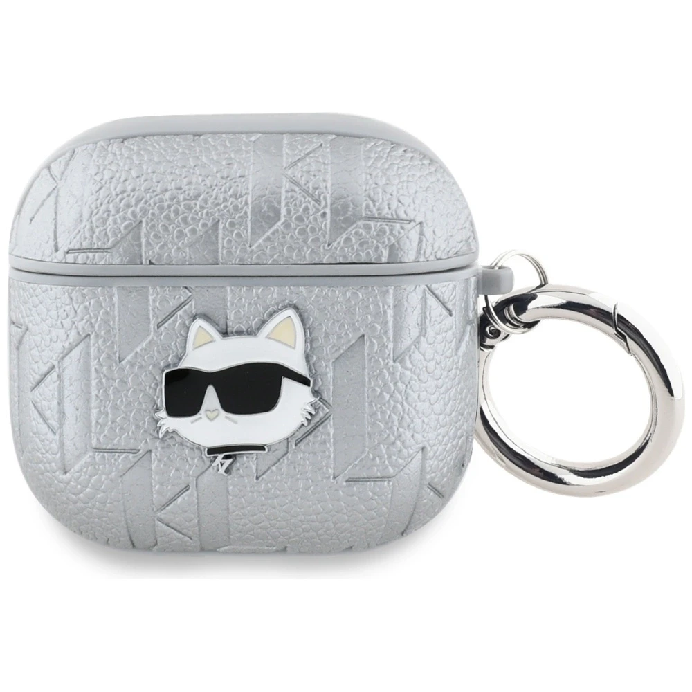 Dėklas Karl Lagerfeld Monogram Choupette Head AirPods 4 sidabro spalvos