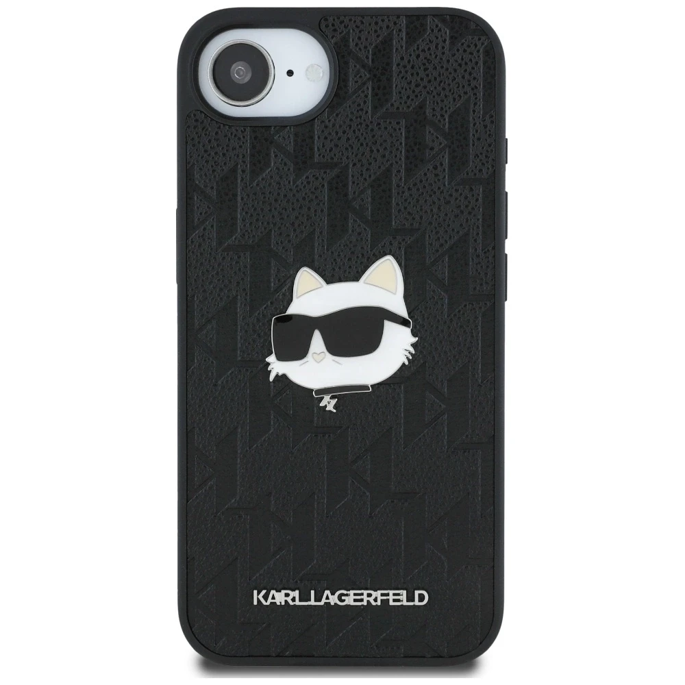 Dėklas Karl Lagerfeld Monogram Choupette Head Pin iPhone 16e Case - Juodas
