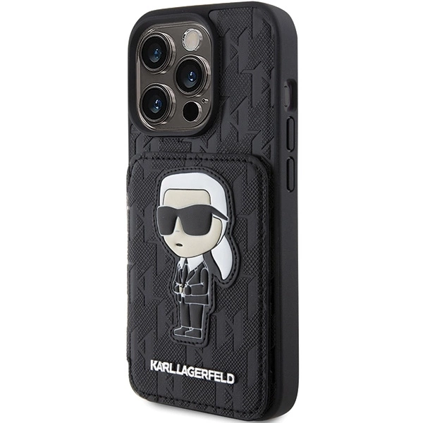 Apple iPhone 15 Pro Max Karl Lagerfeld dėklas Saffiano Cardslots and Stand Monogram Ikonik Patch (KLHCP15XSAKKNSCK) juodos spalvos