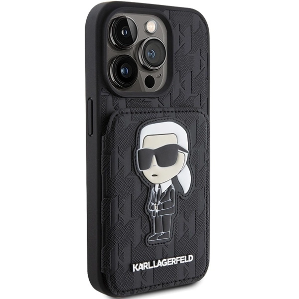 Apple iPhone 15 Pro Max Karl Lagerfeld dėklas Saffiano Cardslots and Stand Monogram Ikonik Patch (KLHCP15XSAKKNSCK) juodos spalvos