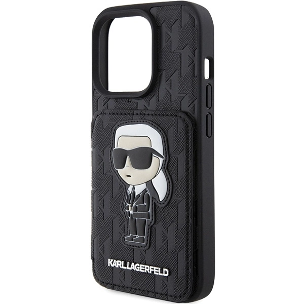Apple iPhone 15 Pro Max Karl Lagerfeld dėklas Saffiano Cardslots and Stand Monogram Ikonik Patch (KLHCP15XSAKKNSCK) juodos spalvos