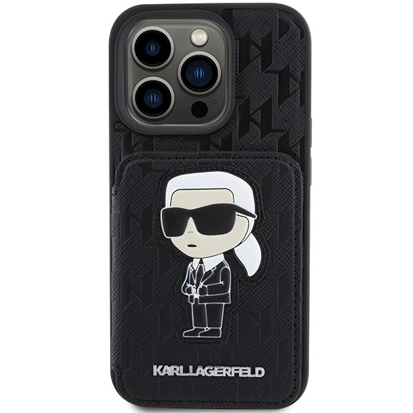 Apple iPhone 15 Pro Max Karl Lagerfeld dėklas Saffiano Cardslots and Stand Monogram Ikonik Patch (KLHCP15XSAKKNSCK) juodos spalvos