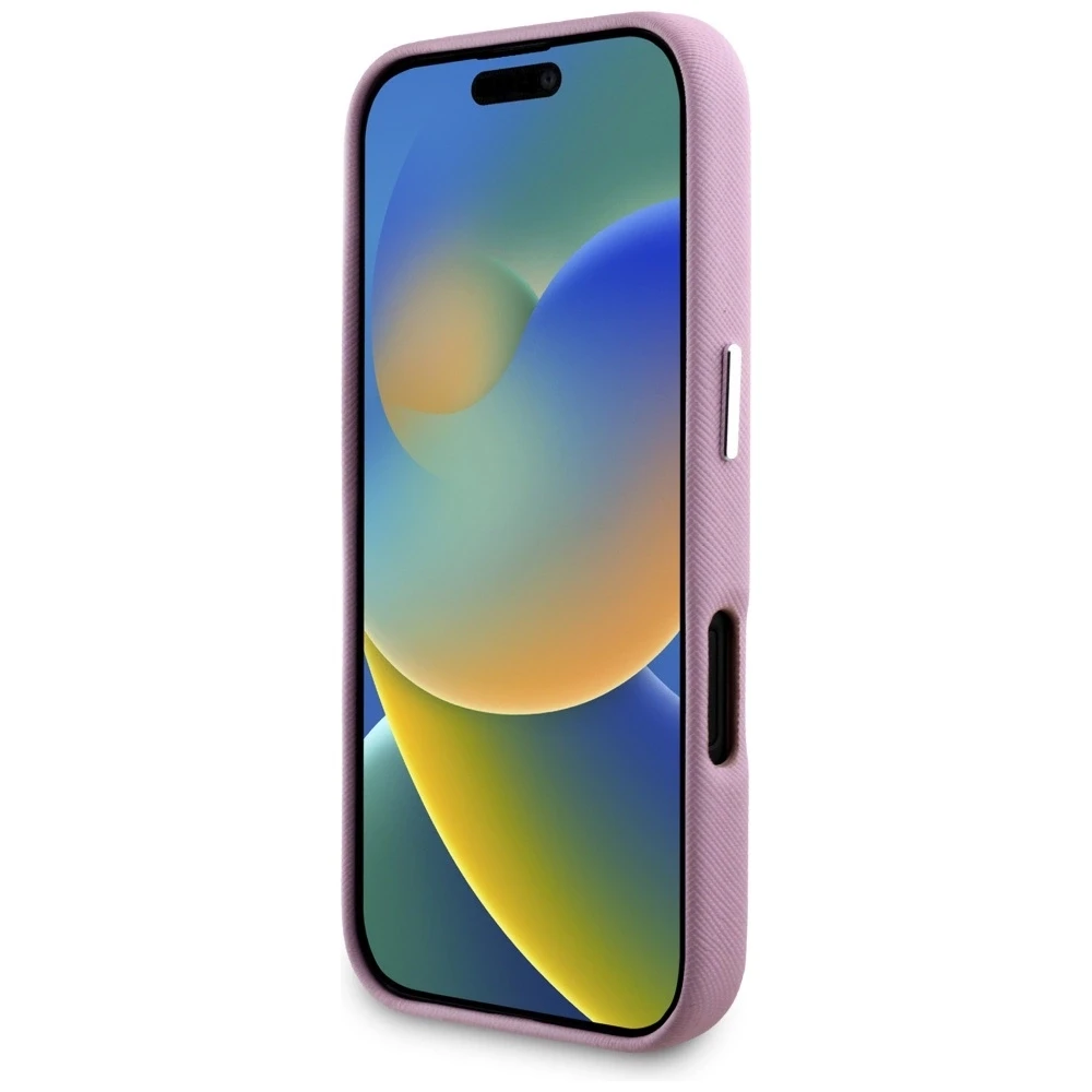 Dėklas Karl Lagerfeld Saffiano Full Wrapped Elongated Metal Logo MagSafe Apple iPhone 16 rožinės spalvos
