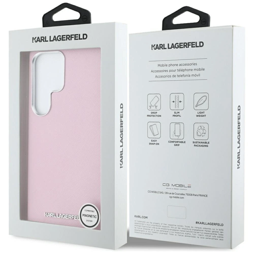 Dėklas Karl Lagerfeld Saffiano Full Wrapped Elongated Metal Logo MagSafe Samsung Galaxy S25 Ultra dėkals telefonui rožinės spalvos