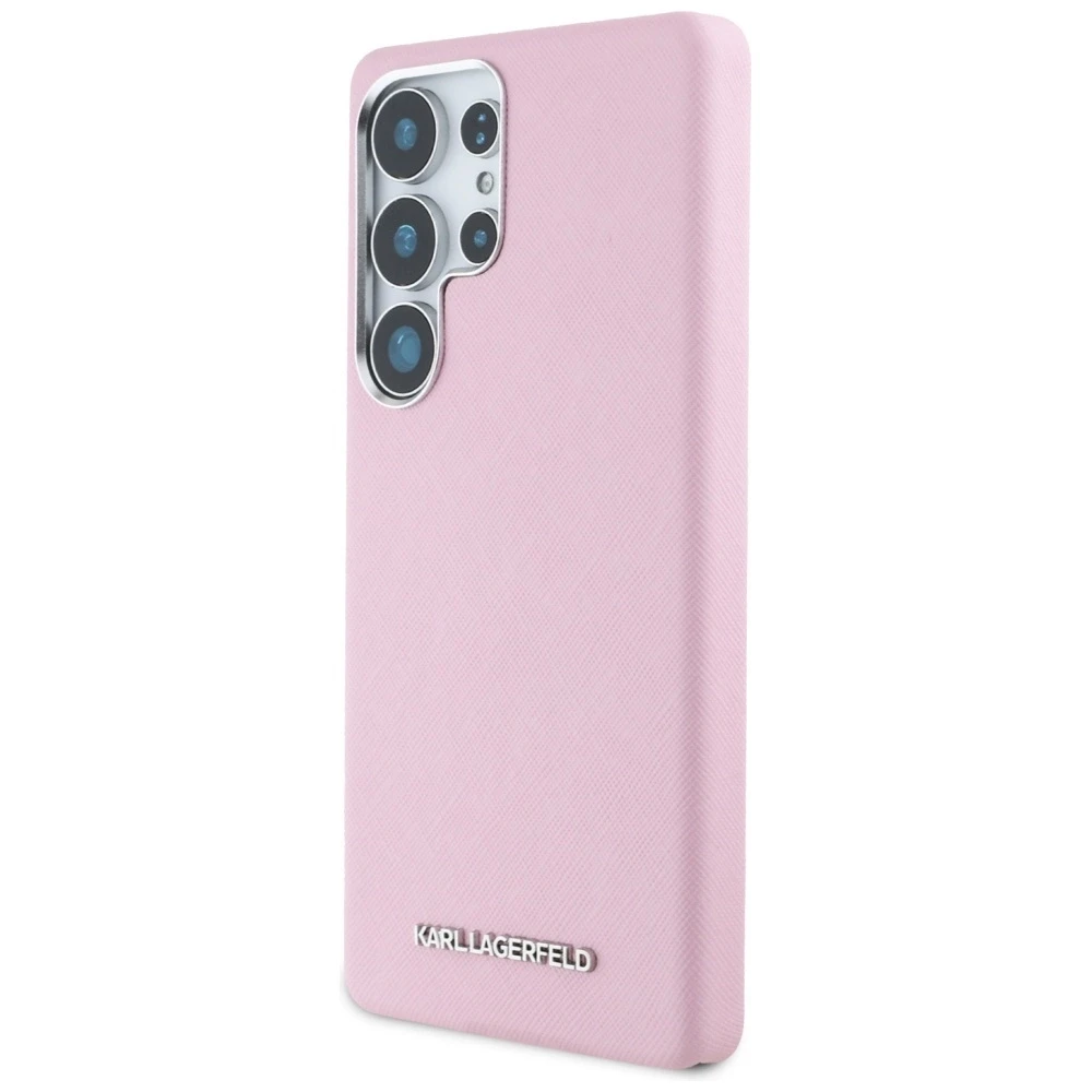 Dėklas Karl Lagerfeld Saffiano Full Wrapped Elongated Metal Logo MagSafe Samsung Galaxy S25 Ultra dėkals telefonui rožinės spalvos