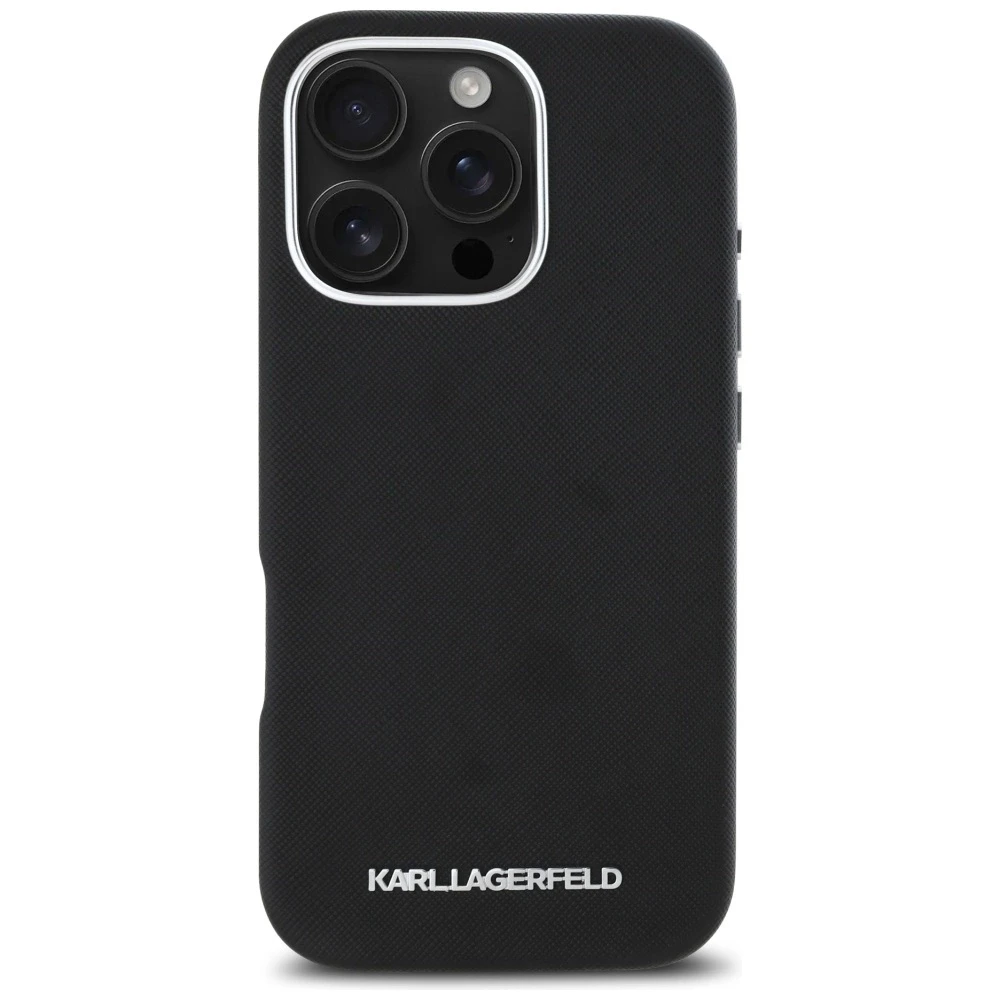 Dėklas Karl Lagerfeld Saffiano Full Wrapped Elongated Metal Logo MagSafe Apple iPhone 16 Pro Max juodos spalvos