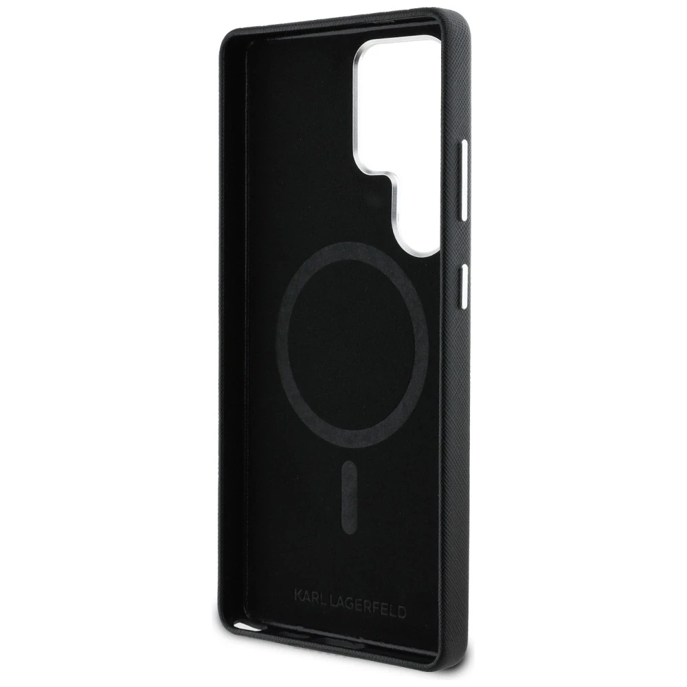 Karl Lagerfeld Saffiano Full Wrapped Elongated Metal Logo MagSafe Samsung Galaxy S25 Ultra dėklas telefonui juodos spalvos