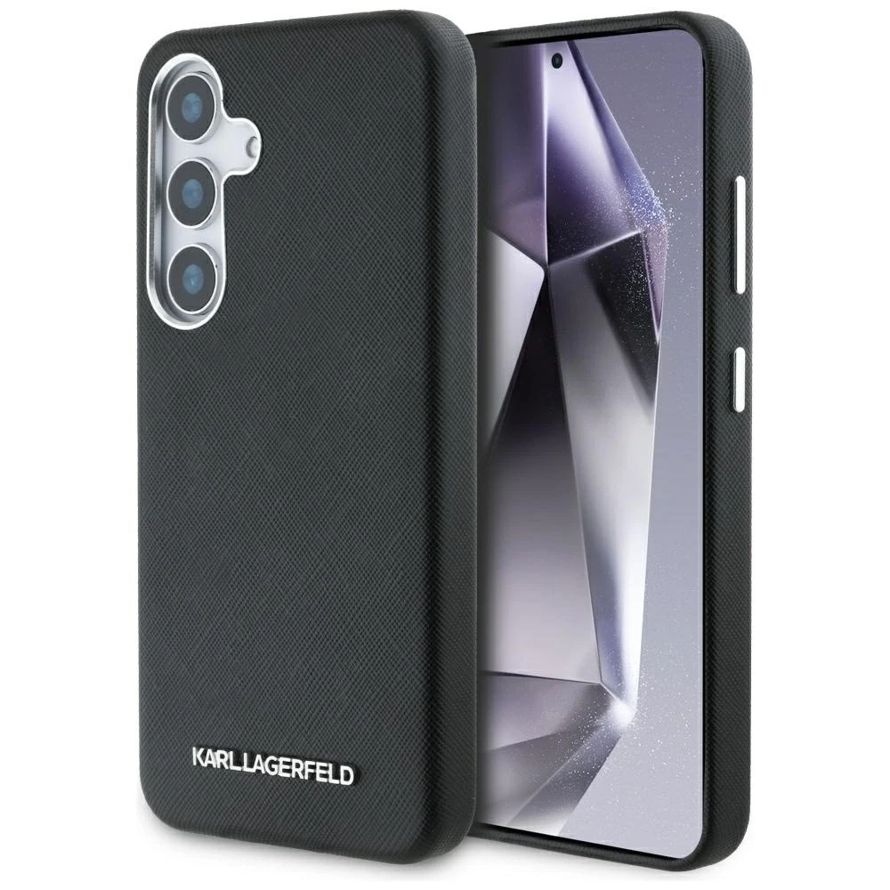 Karl Lagerfeld Saffiano Full Wrapped Elongated Metal Logo MagSafe Samsung Galaxy S25 Plus dėklas telefonui juodos spalvos