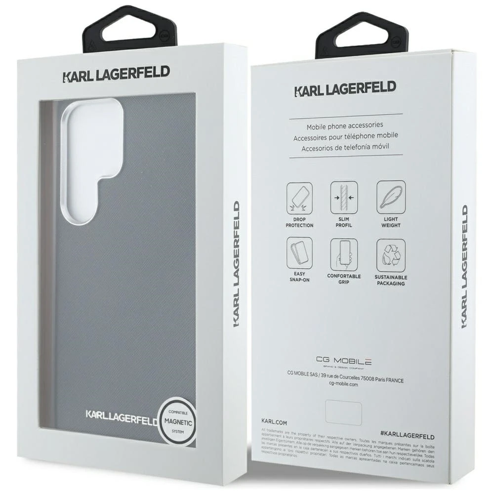 Karl Lagerfeld Saffiano Full Wrapped Elongated Metal Logo MagSafe Samsung Galaxy S25 Ultra dėklas telefonui juodos spalvos