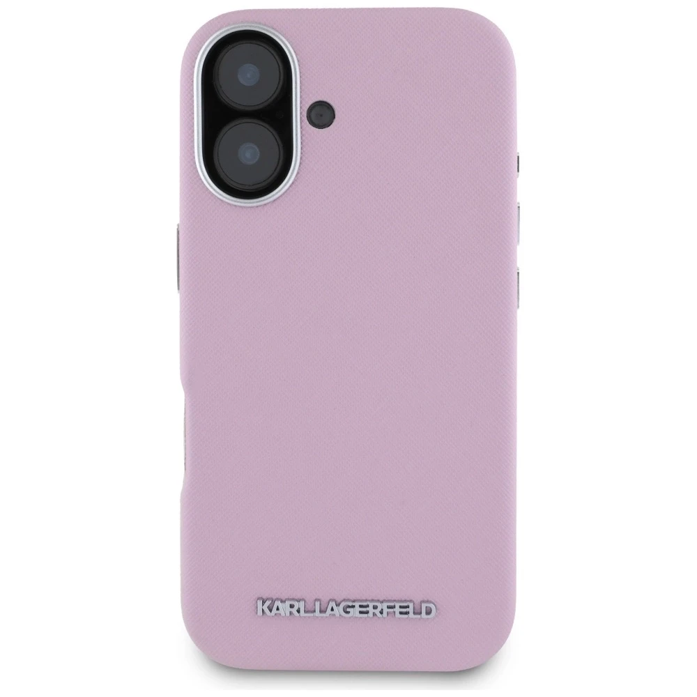 Dėklas Karl Lagerfeld Saffiano Full Wrapped Elongated Metal Logo MagSafe Apple iPhone 16 rožinės spalvos