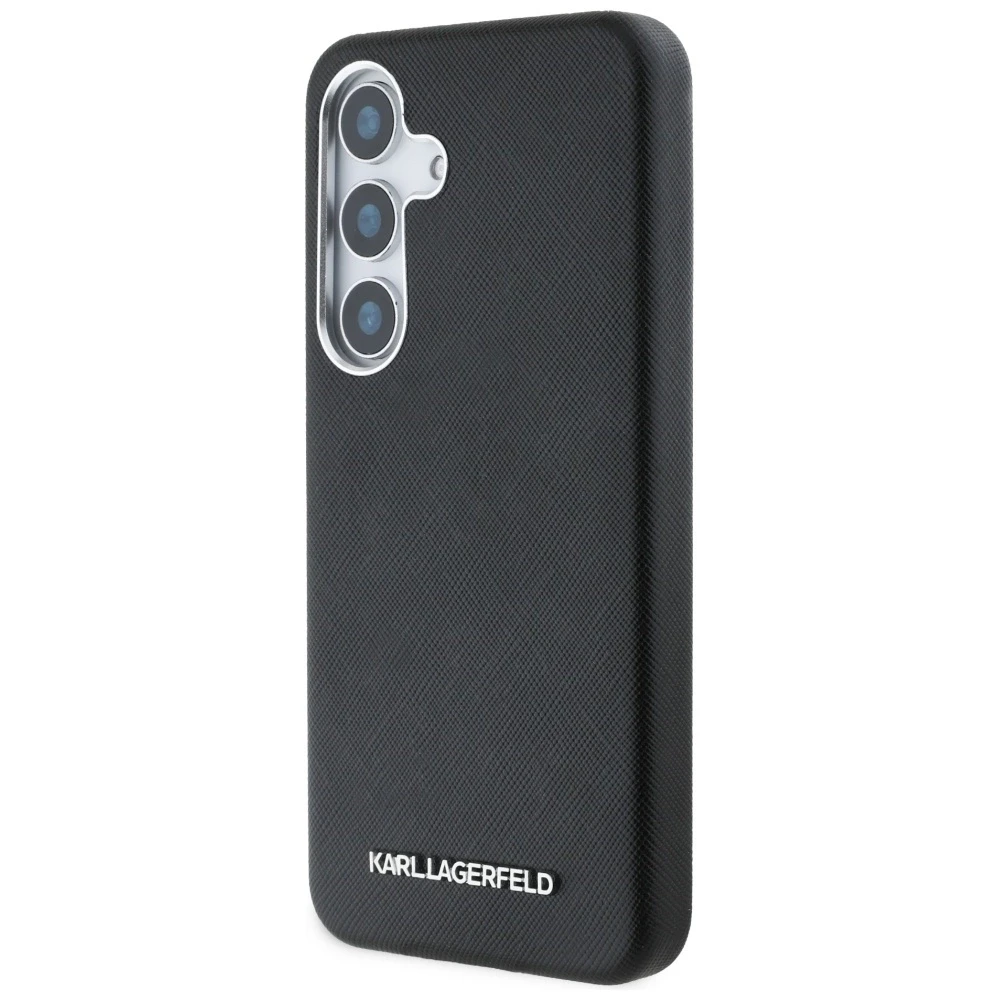 Karl Lagerfeld Saffiano Full Wrapped Elongated Metal Logo MagSafe Samsung Galaxy S25 Plus dėklas telefonui juodos spalvos