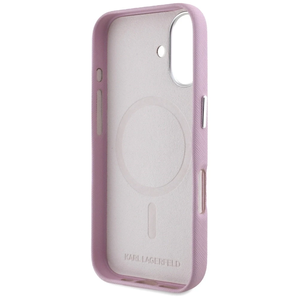 Dėklas Karl Lagerfeld Saffiano Full Wrapped Elongated Metal Logo MagSafe Apple iPhone 16 rožinės spalvos