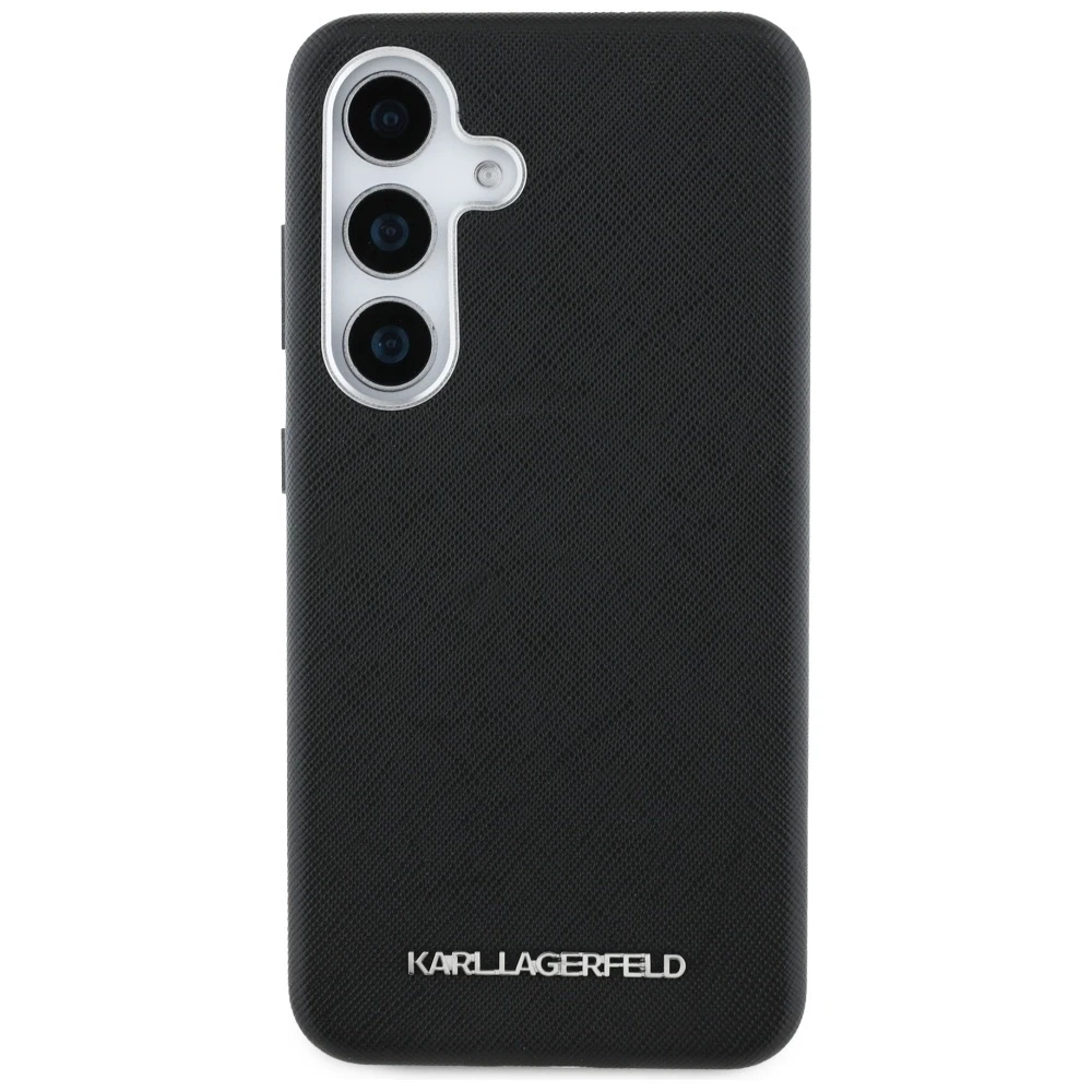 Karl Lagerfeld Saffiano Full Wrapped Elongated Metal Logo MagSafe Samsung Galaxy S25 Plus dėklas telefonui juodos spalvos
