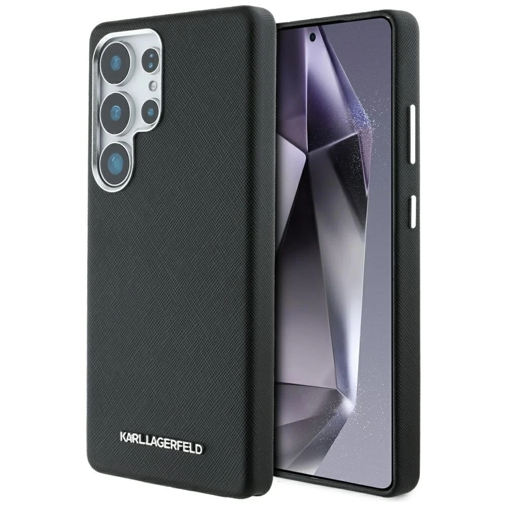 Karl Lagerfeld Saffiano Full Wrapped Elongated Metal Logo MagSafe Samsung Galaxy S25 Ultra dėklas telefonui juodos spalvos