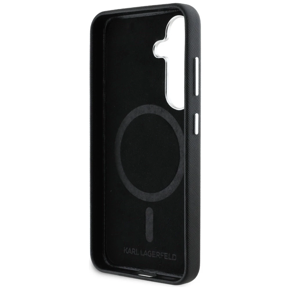Karl Lagerfeld Saffiano Full Wrapped Elongated Metal Logo MagSafe Samsung Galaxy S25 Plus dėklas telefonui juodos spalvos