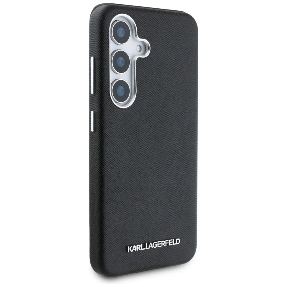 Karl Lagerfeld Saffiano Full Wrapped Elongated Metal Logo MagSafe Samsung Galaxy S25 Plus dėklas telefonui juodos spalvos