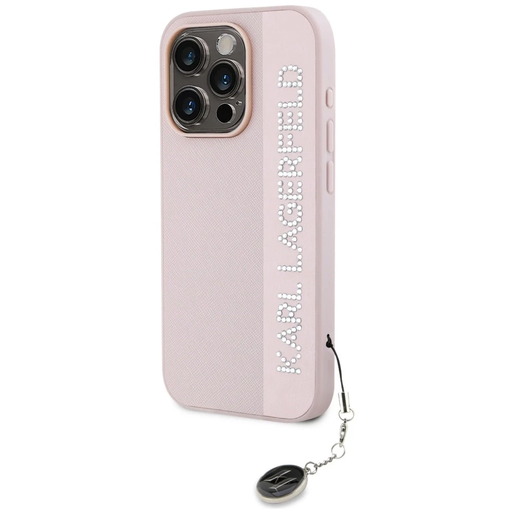 Apple iPhone 15 Pro Max Karl Lagerfeld dėklas Saffiano Rhinestones & Charm (KLHCP15XPSAKDGCP) rožinės spalvos
