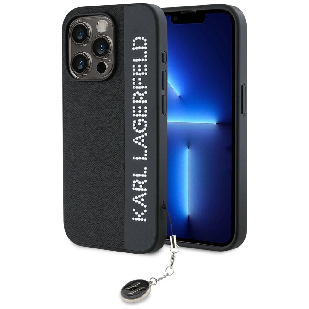 Apple iPhone 15 Pro Max Karl Lagerfeld dėklas Saffiano Rhinestones & Charm (KLHCP15XPSAKDGCK) juodos spalvos