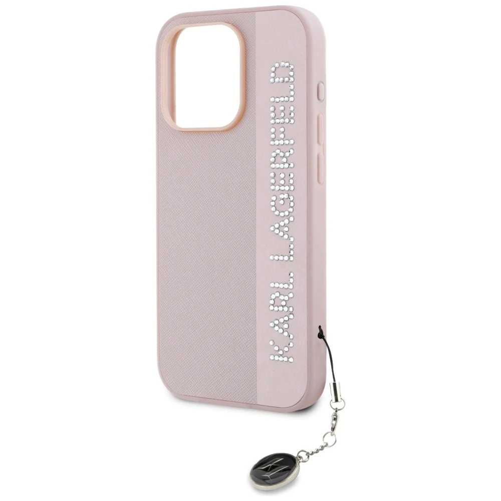 Karl Lagerfeld KLHCP15LPSAKDGCP Apple iPhone 15 Pro 6.1″ rožinės spalvos kietas dėklas Saffiano Rhinestones & Charm
