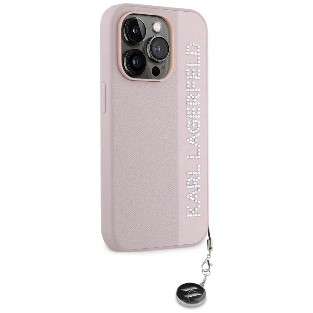 Apple iPhone 15 Pro Max Karl Lagerfeld dėklas Saffiano Rhinestones & Charm (KLHCP15XPSAKDGCP) rožinės spalvos
