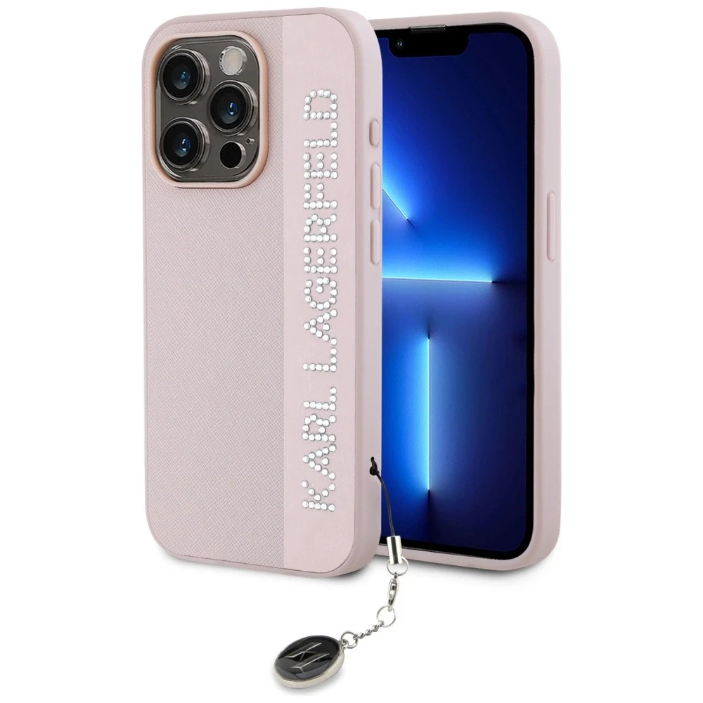 Apple iPhone 15 Pro Max Karl Lagerfeld dėklas Saffiano Rhinestones & Charm (KLHCP15XPSAKDGCP) rožinės spalvos