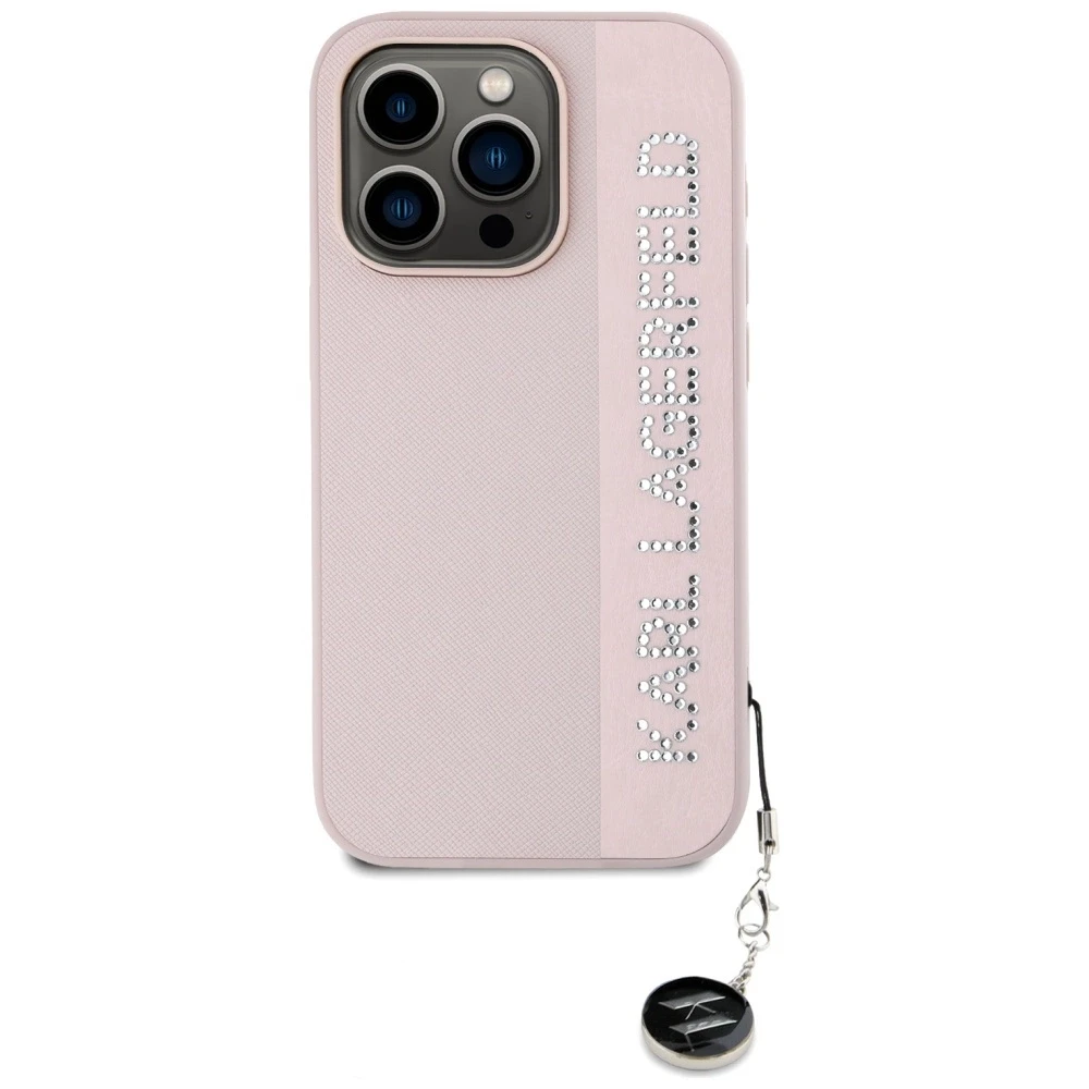 Apple iPhone 15 Pro Max Karl Lagerfeld dėklas Saffiano Rhinestones & Charm (KLHCP15XPSAKDGCP) rožinės spalvos