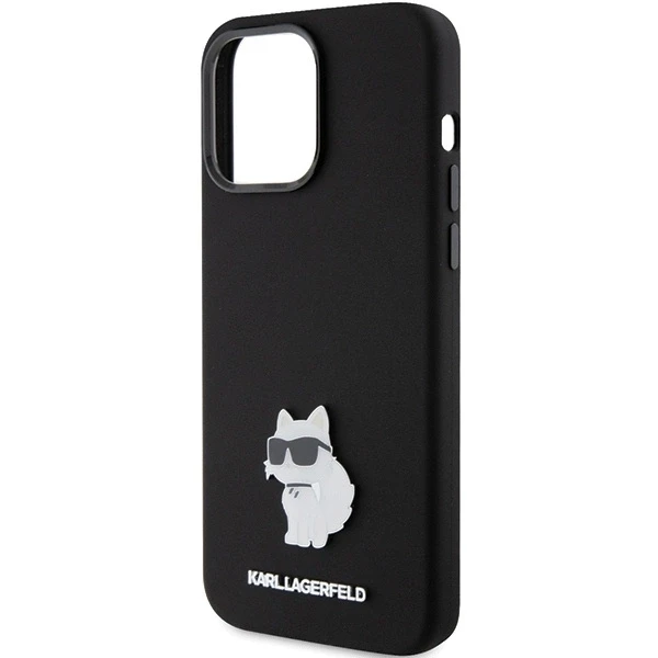 Apple iPhone 15 Pro Karl Lagerfeld silikoninis dėklas Choupette Metal Pin (KLHCP15LSMHCNPK) juodos spalvos