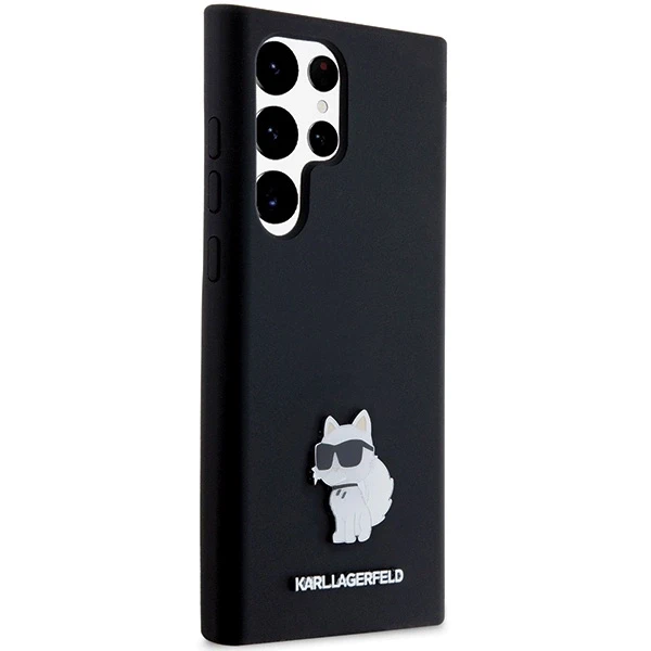 Karl Lagerfeld KLHCS23LSMHCNPK S23 Ultra S918 juodos spalvos kietas dėklas Silicone Choupette Metal Pin