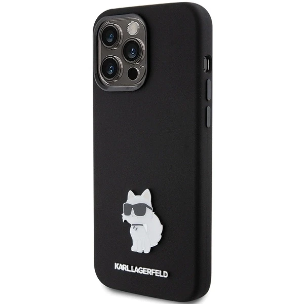 Apple iPhone 15 Pro Karl Lagerfeld silikoninis dėklas Choupette Metal Pin (KLHCP15LSMHCNPK) juodos spalvos