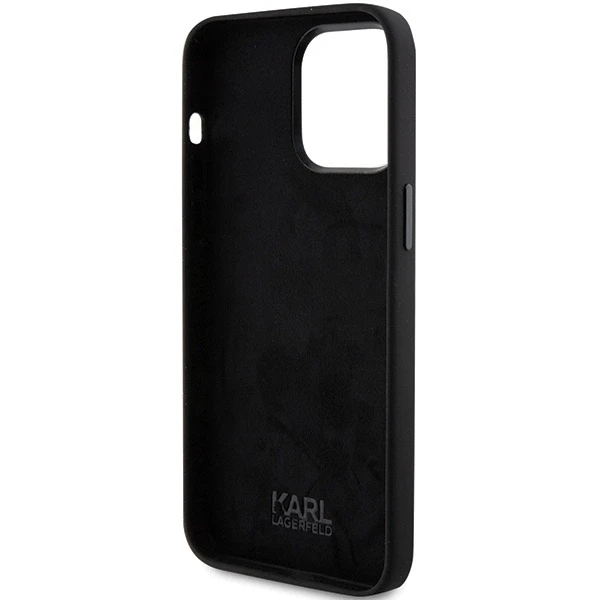 Apple iPhone 15 Pro Karl Lagerfeld silikoninis dėklas Choupette Metal Pin (KLHCP15LSMHCNPK) juodos spalvos