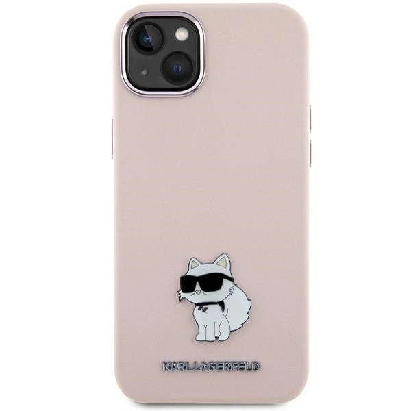 Apple iPhone 15 Plus Karl Lagerfeld silikoninis dėklas Choupette Metal Pin (KLHCP15MSMHCNPP) rožinės spalvos