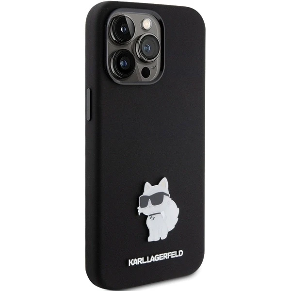 Apple iPhone 15 Pro Karl Lagerfeld silikoninis dėklas Choupette Metal Pin (KLHCP15LSMHCNPK) juodos spalvos