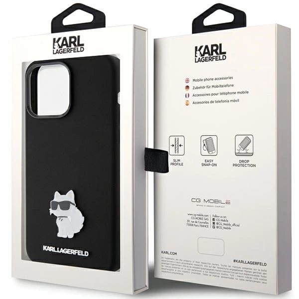 Apple iPhone 15 Pro Karl Lagerfeld silikoninis dėklas Choupette Metal Pin (KLHCP15LSMHCNPK) juodos spalvos