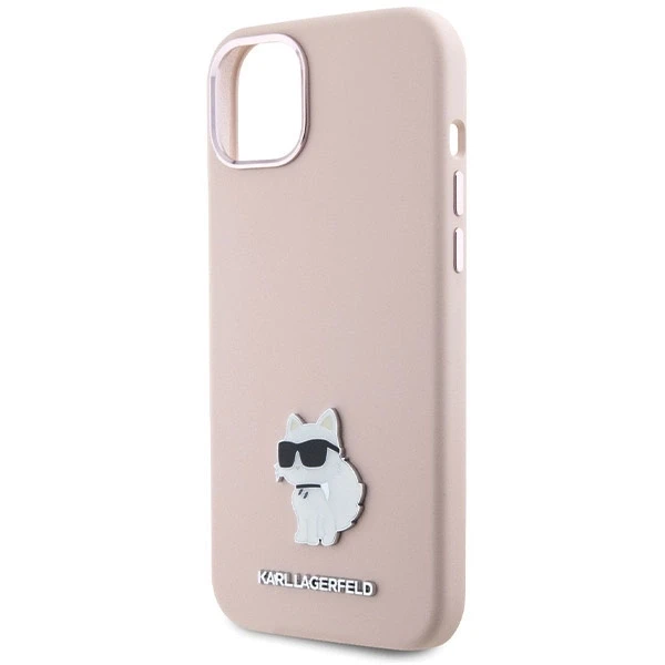 Apple iPhone 15 Plus Karl Lagerfeld silikoninis dėklas Choupette Metal Pin (KLHCP15MSMHCNPP) rožinės spalvos