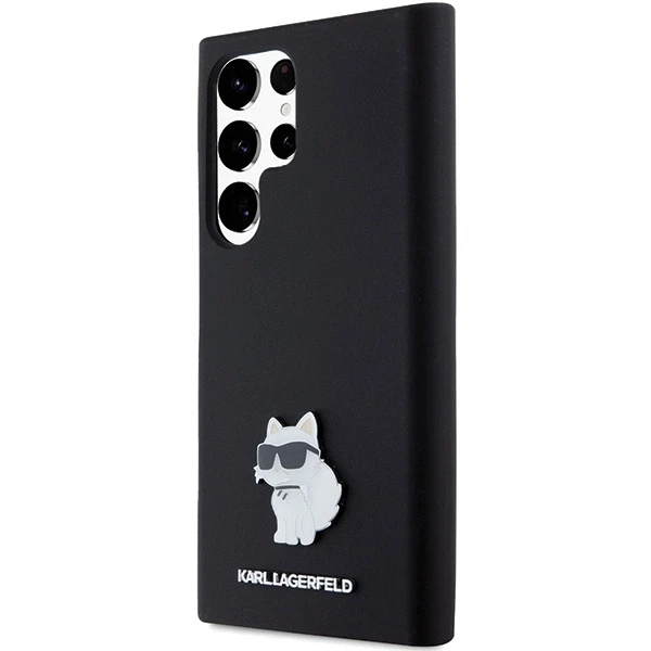 Karl Lagerfeld KLHCS23LSMHCNPK S23 Ultra S918 juodos spalvos kietas dėklas Silicone Choupette Metal Pin