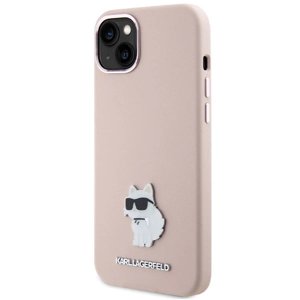 Apple iPhone 15 Plus Karl Lagerfeld silikoninis dėklas Choupette Metal Pin (KLHCP15MSMHCNPP) rožinės spalvos