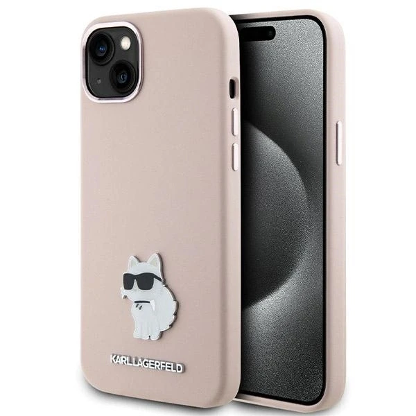 Apple iPhone 15 Plus Karl Lagerfeld silikoninis dėklas Choupette Metal Pin (KLHCP15MSMHCNPP) rožinės spalvos