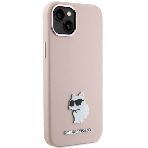 Apple iPhone 15 Plus Karl Lagerfeld silikoninis dėklas Choupette Metal Pin (KLHCP15MSMHCNPP) rožinės spalvos