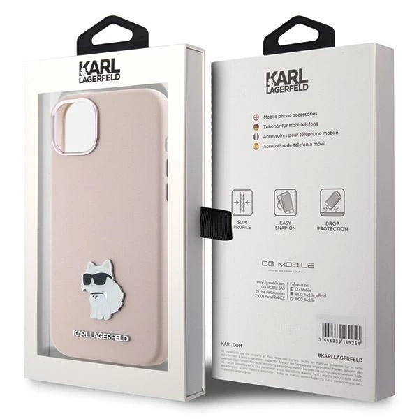 Apple iPhone 15 Plus Karl Lagerfeld silikoninis dėklas Choupette Metal Pin (KLHCP15MSMHCNPP) rožinės spalvos