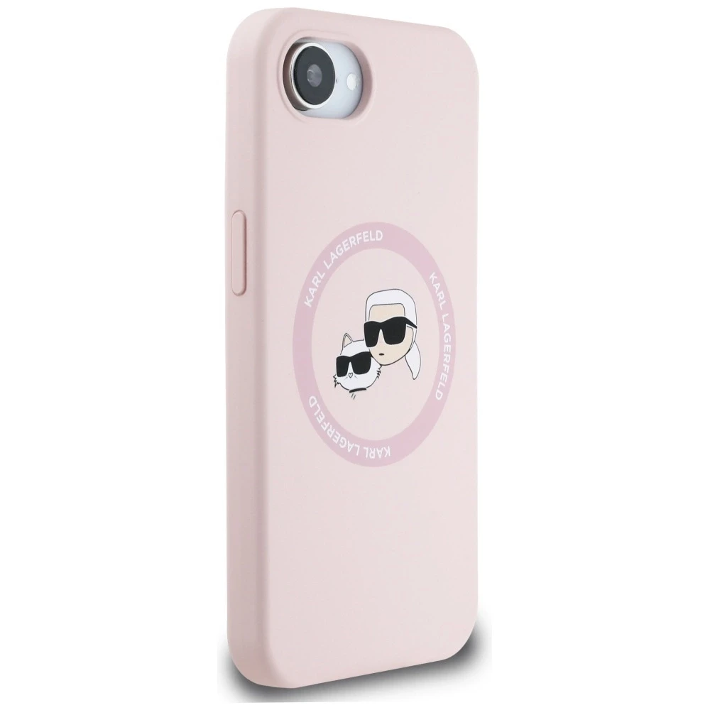 Karl Lagerfeld dėklas skirtas Apple iPhone 16e (SE 4 2025) suderinamas su MagSafe KLHMPSE4SKCHTCP (Silicone Double Heads) rožinės spalvos
