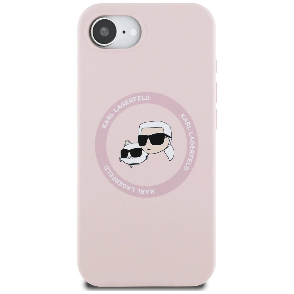 Karl Lagerfeld dėklas skirtas Apple iPhone 16e (SE 4 2025) suderinamas su MagSafe KLHMPSE4SKCHTCP (Silicone Double Heads) rožinės spalvos
